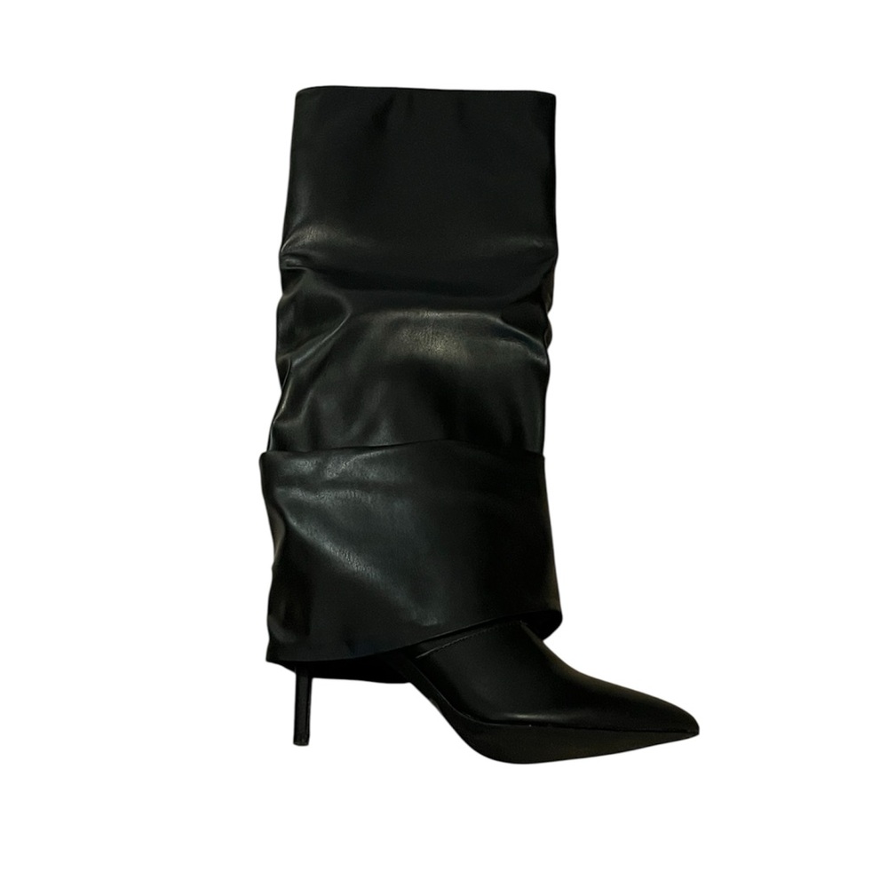 New-Chic Black Slouchy Ruched faux Leather Knee-High Boots Size: 9 - Picture 6 of 9